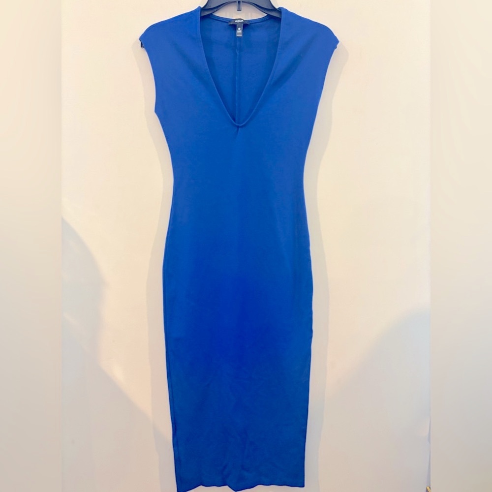 Aqua Royal Blue V-Neck Cap Sleeve Midi Dress
